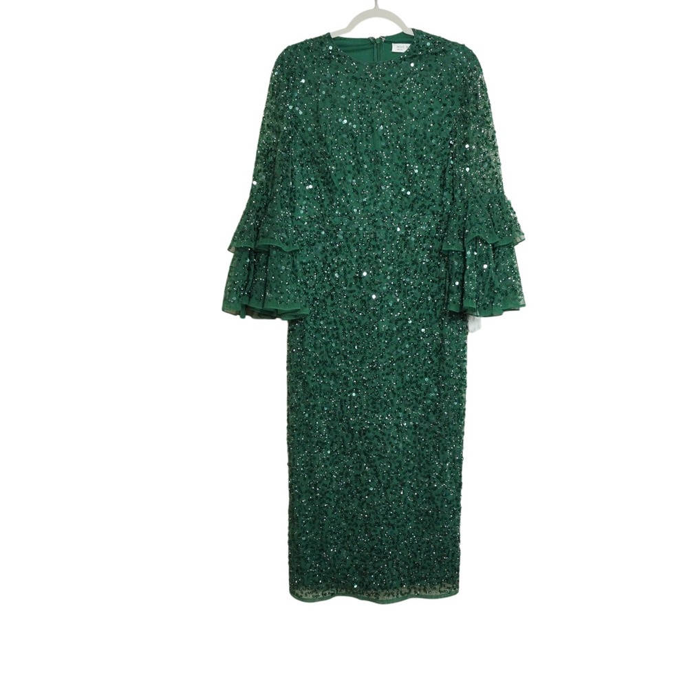 Mac Duggal Emerald Green Sequin Tiered Ruffle Bell Sleeve Midi Dress Size 10 NEW - Picture 1 of 11